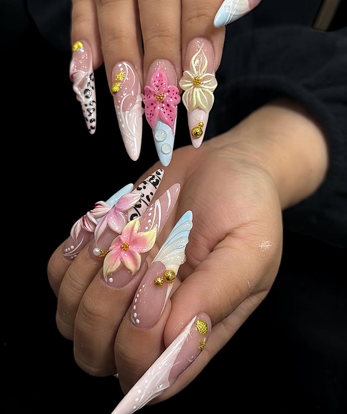 3D Floral Stiletto Nails with Butterfly Wing Accents
