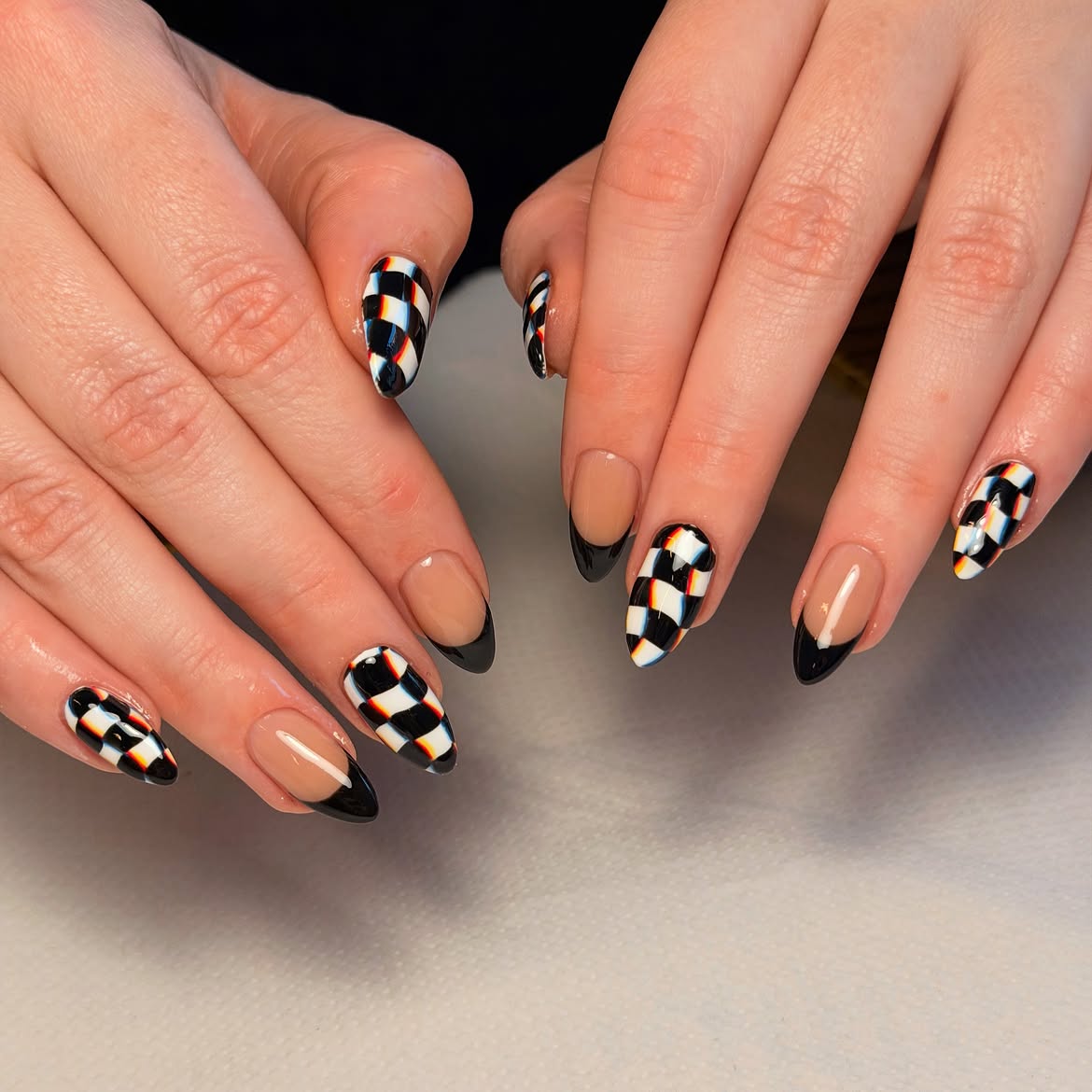 3D Illusion Checkerboard French Tip Nails