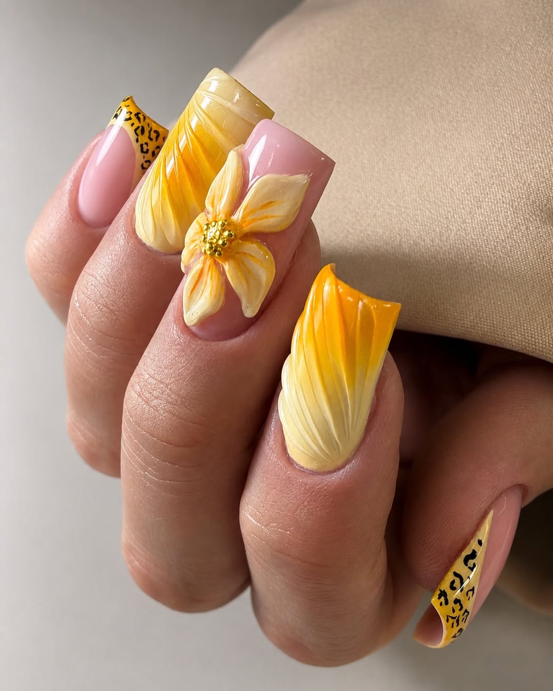 3D Yellow Petal Flower French Tip Nails