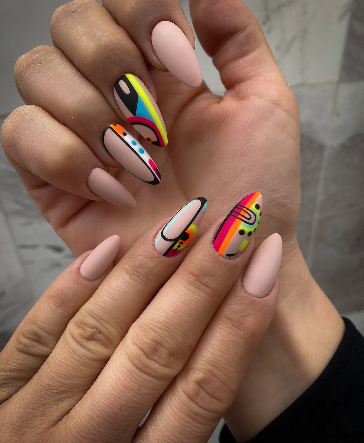 Abstract Geometric Matte Almond Nails