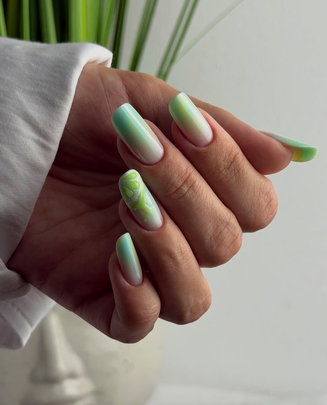 Abstract Green Ombre Coffin Nails with Encapsulated Detail