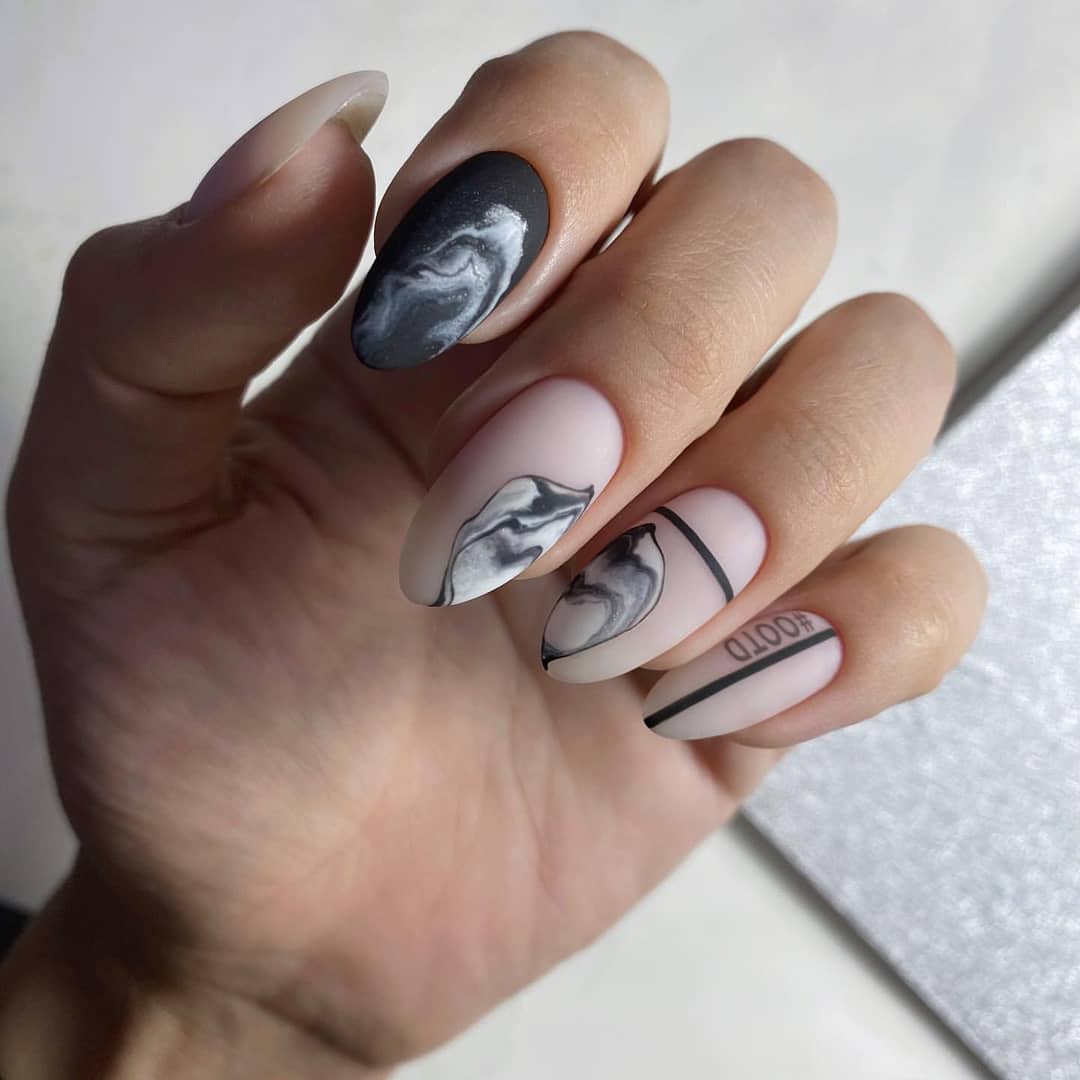 Abstract Marble Matte Almond Nails with Black Accents