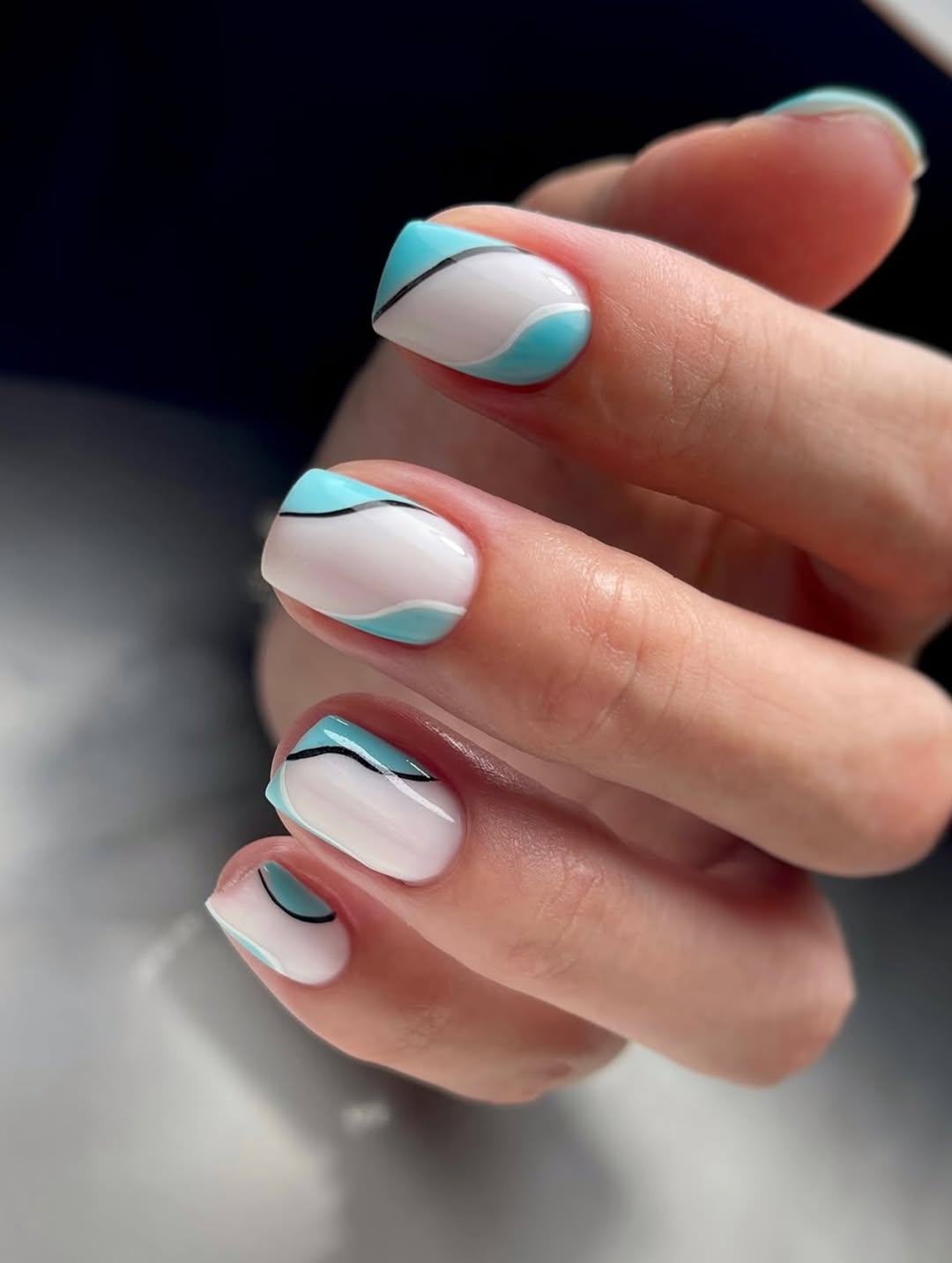 Abstract Swirl French Tip Short Square Nails