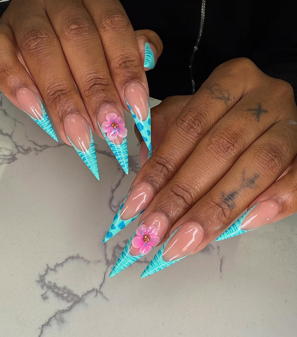 Aqua French Stiletto Nails with 3D Flower Accent