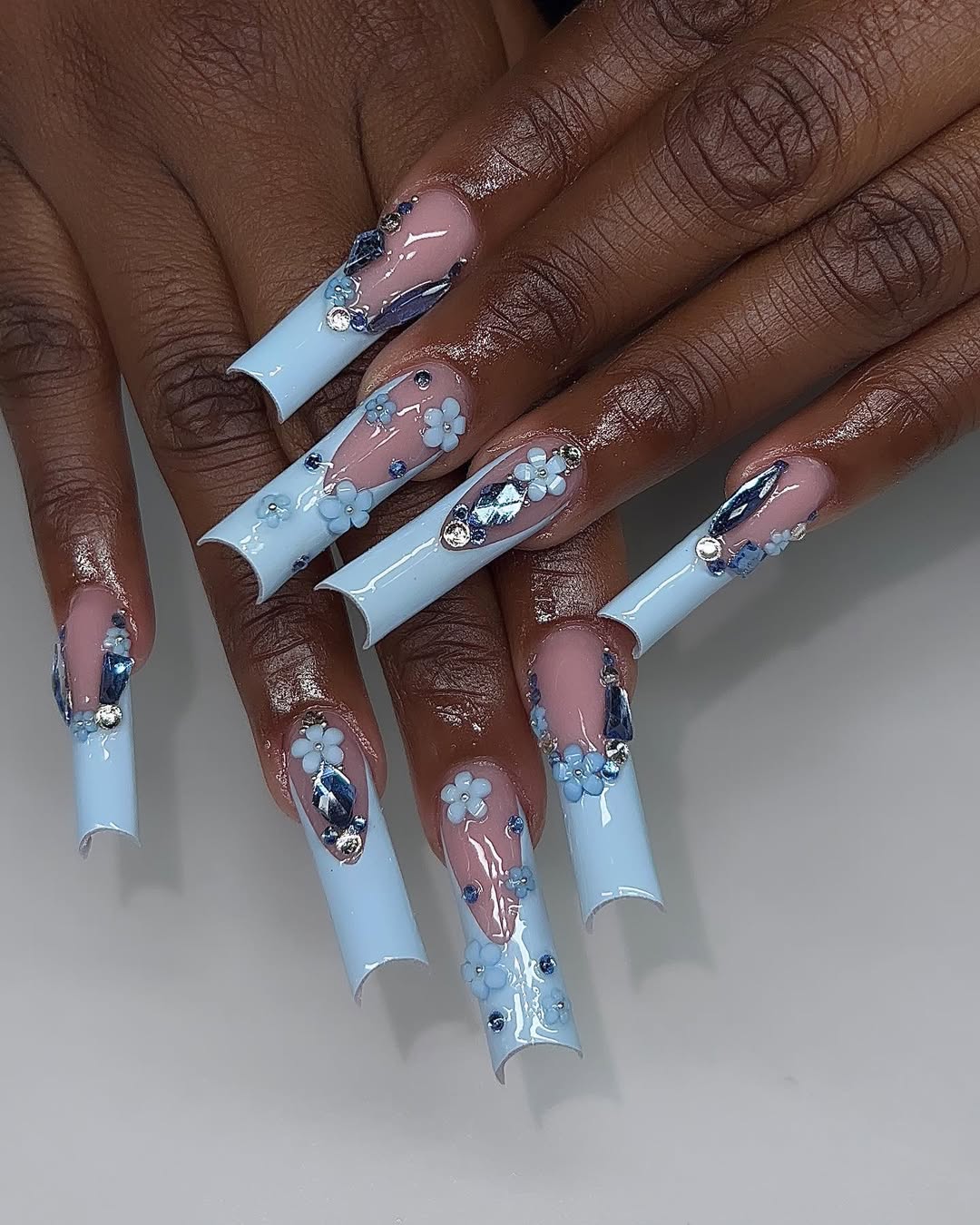 Baby Blue Floral 3D Embellished Long Square Nails