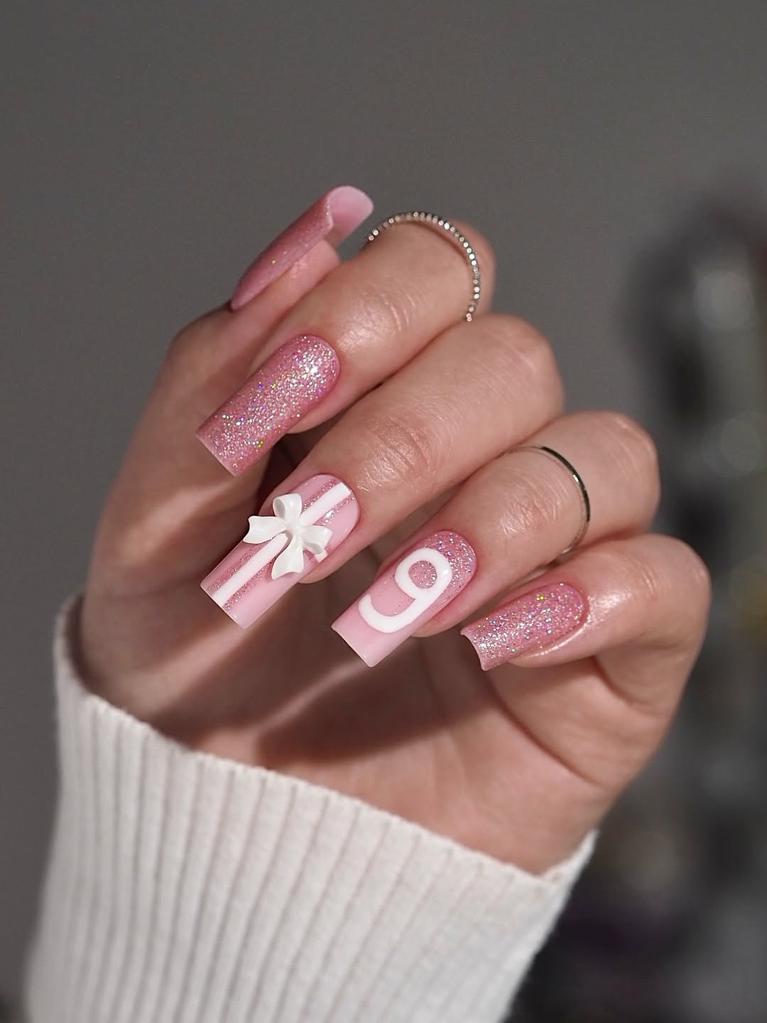 Birthday Pink Glitter and Gift Box Coffin Nails
