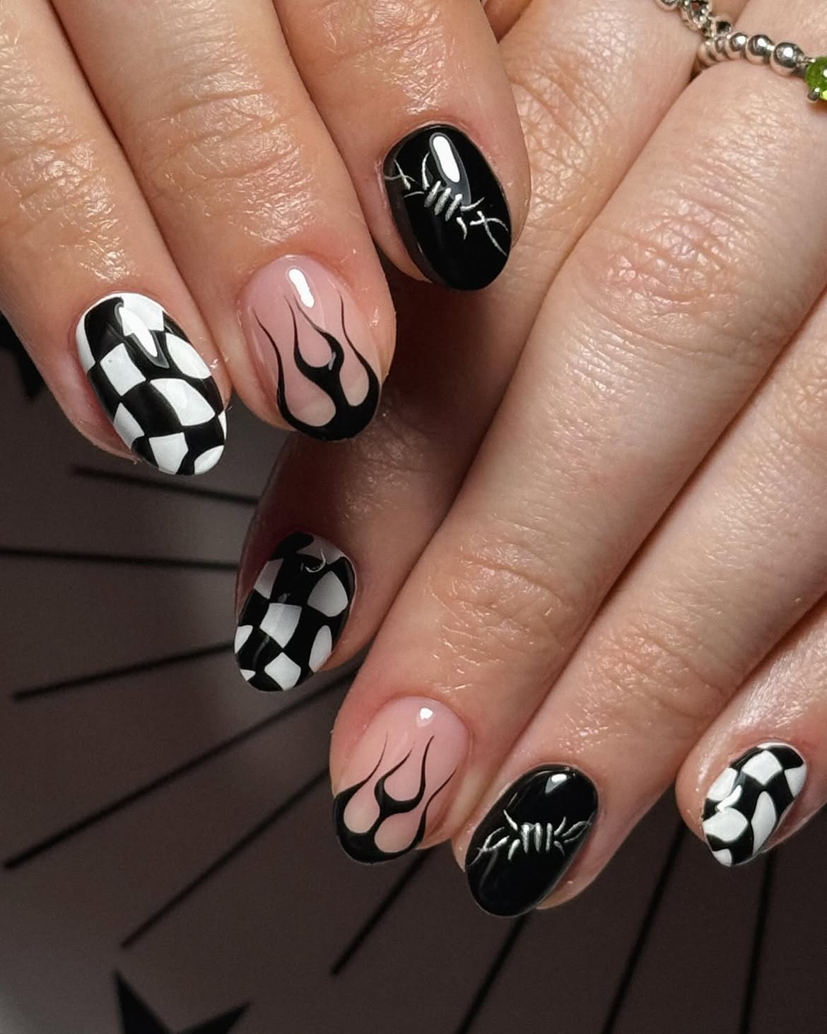 Black and White Checkerboard Flame Nails