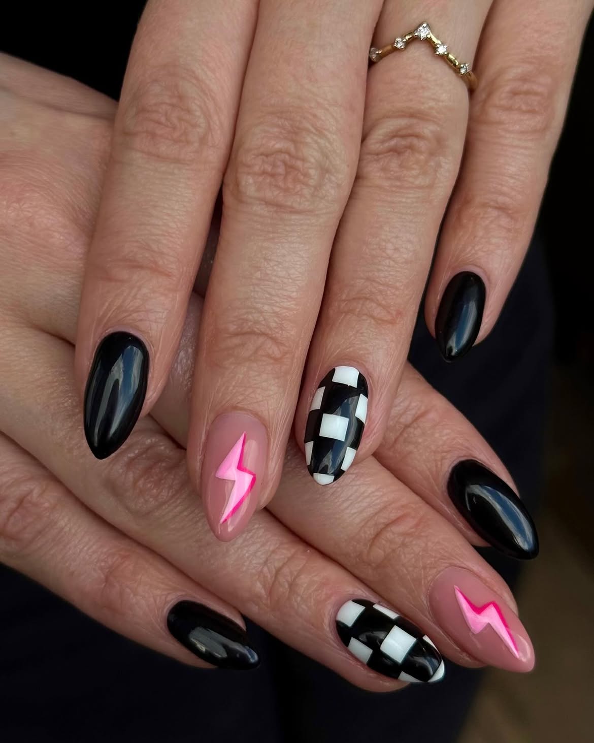 Black and White Checkerboard Lightning Bolt Nails