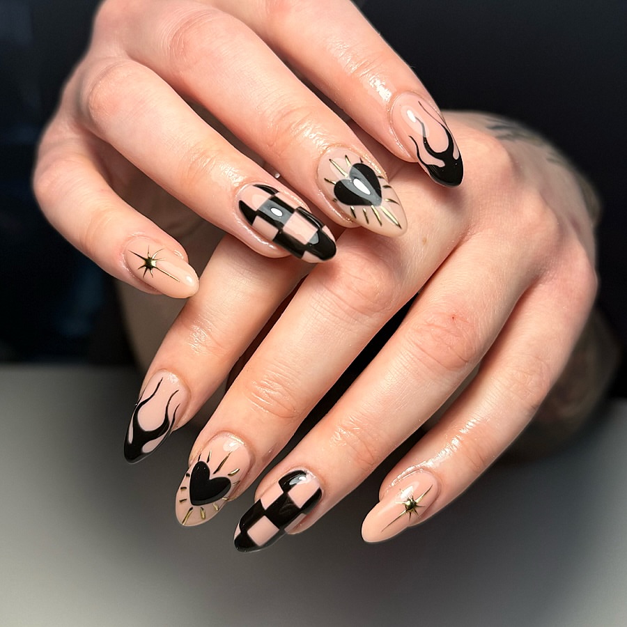 Black Checkerboard & Heart Flame Almond Nails