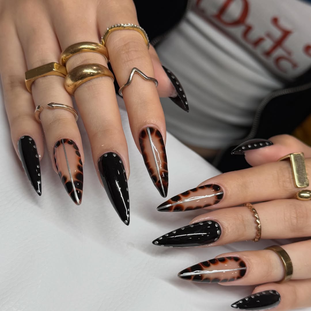 Black Cheetah Print Stiletto Nails with Studs