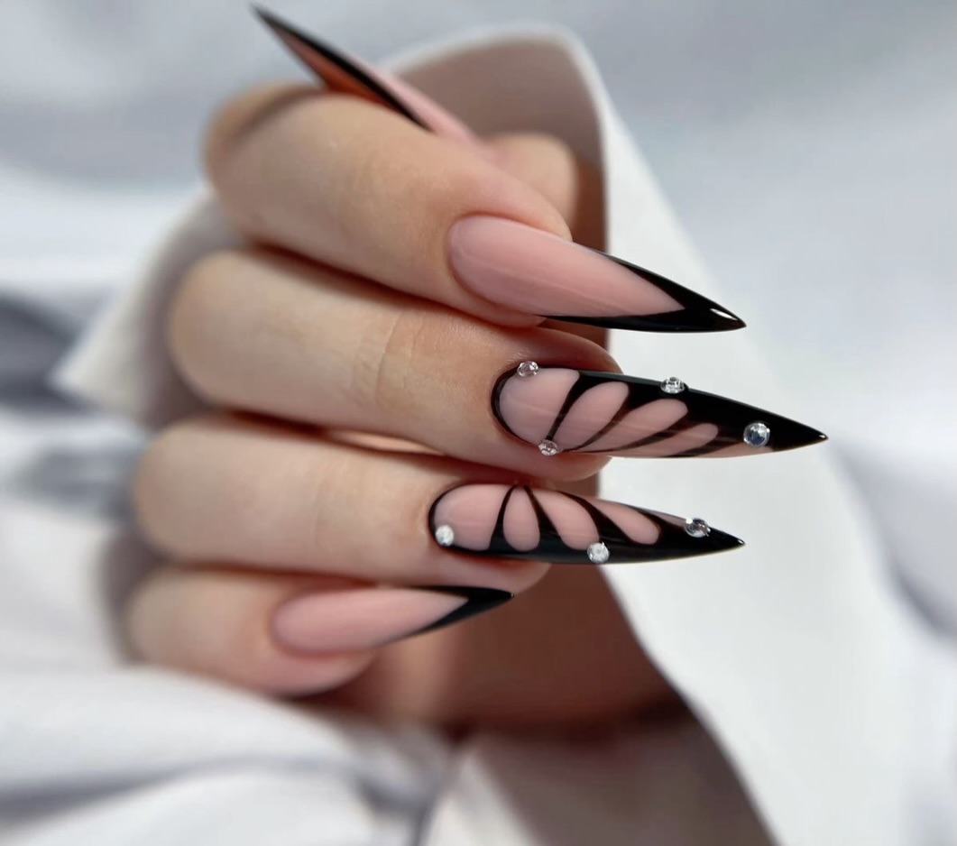 Black French Tip Stiletto Nails with Rhinestone Accents