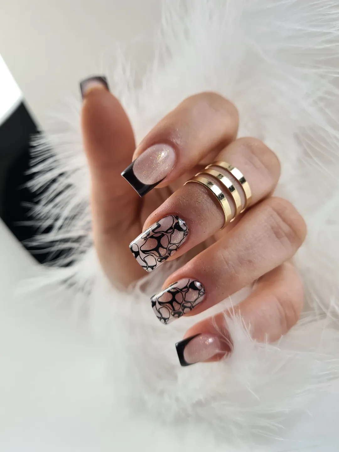 Black French Tip Swirl Art with Glitter Accent