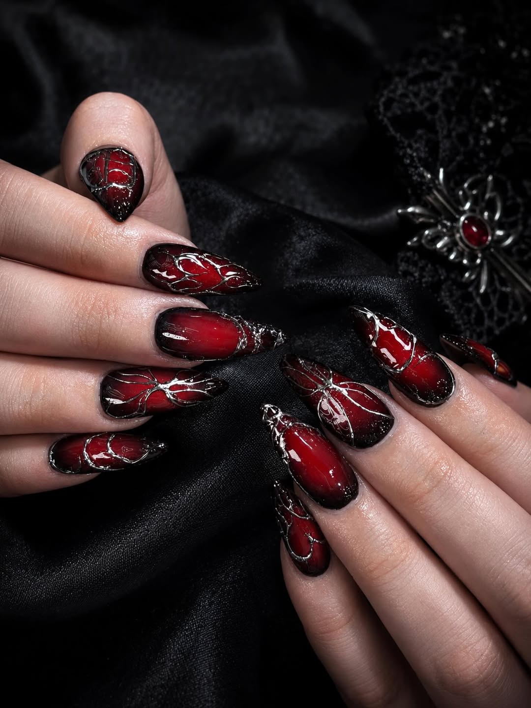 Blood Red Ombre Stiletto Nails with Silver Vein Art