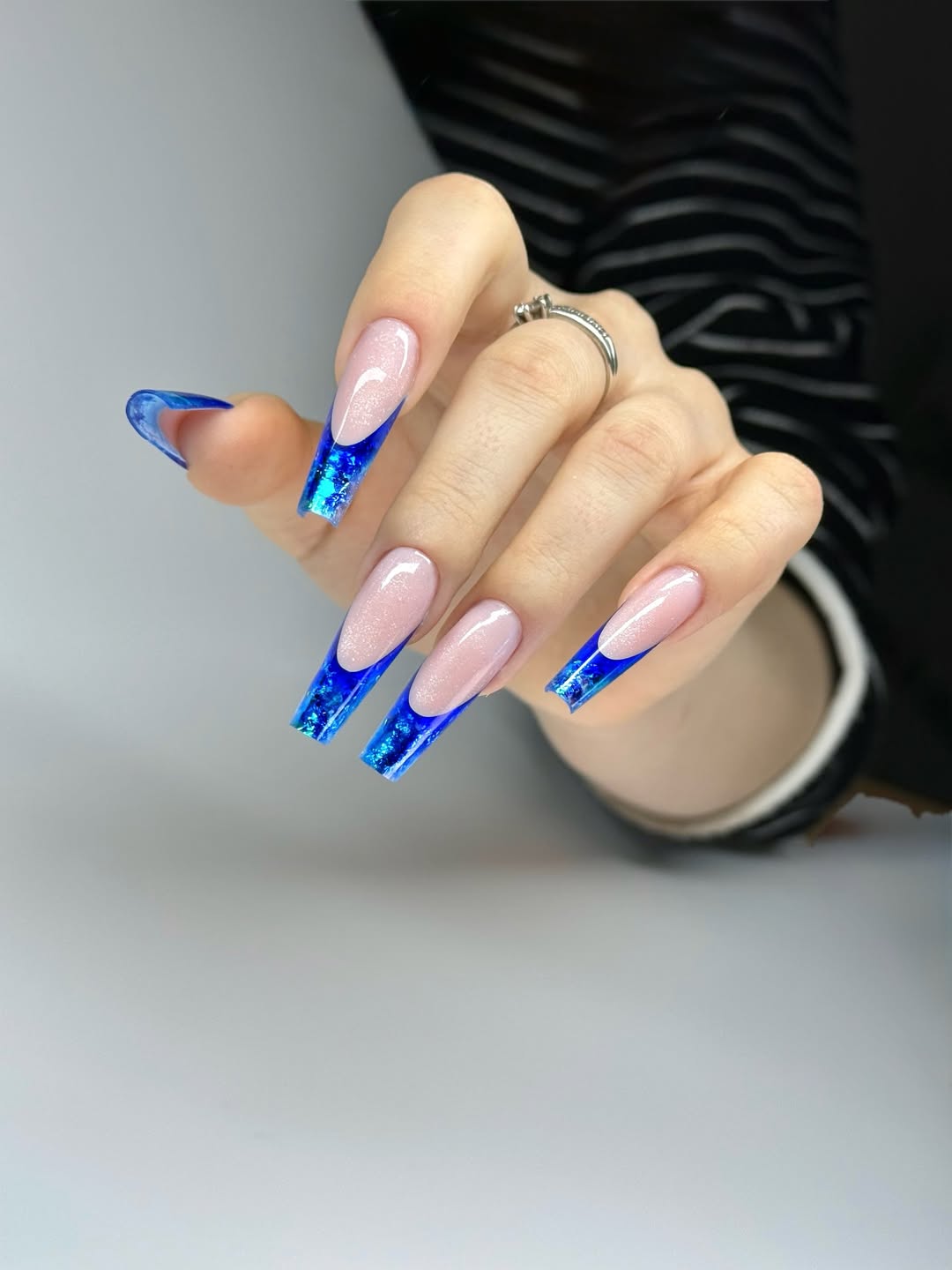 Blue Chrome French Tip Ballerina Nails