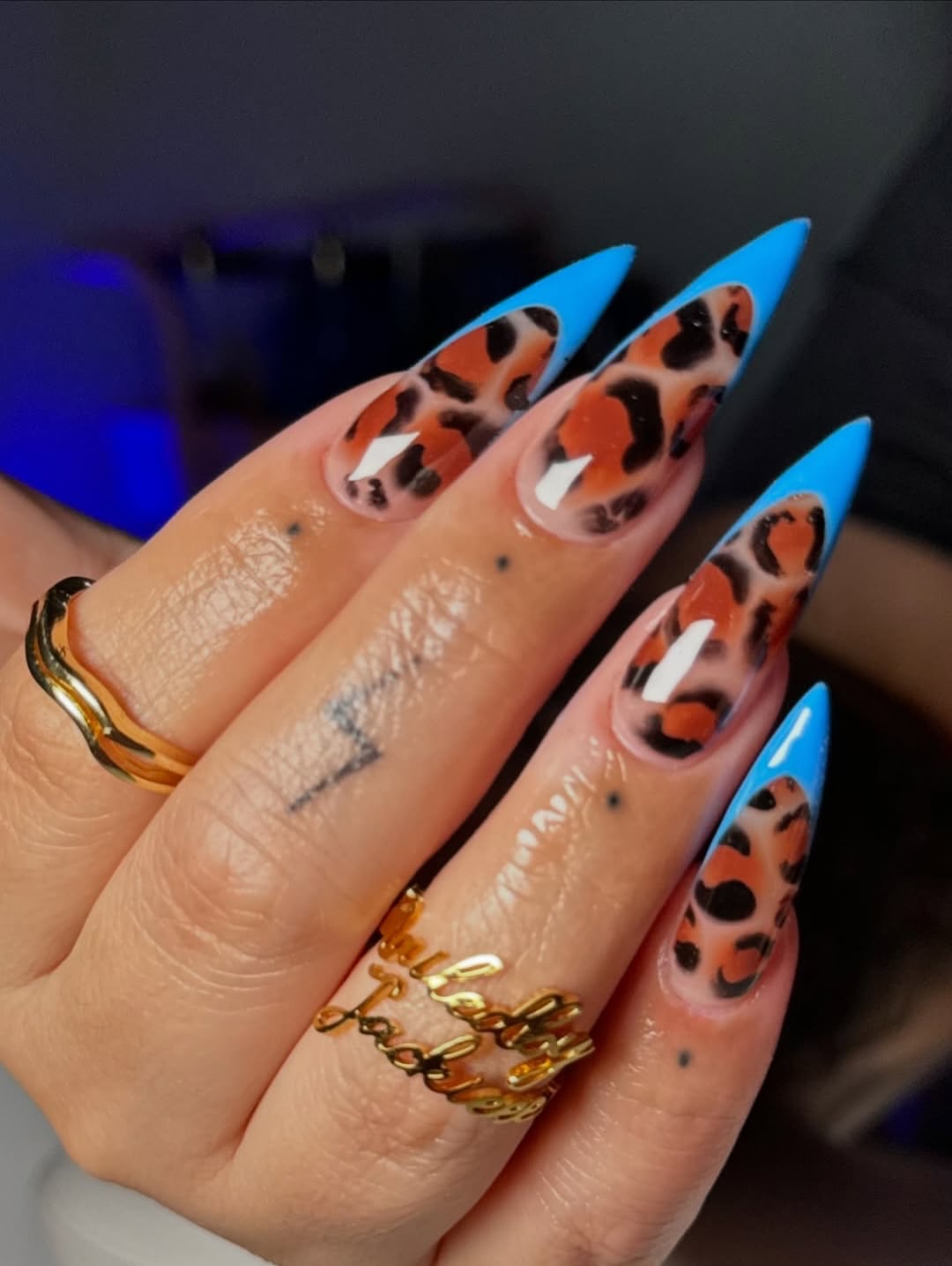 Blue Tip Leopard Print Stiletto Nails