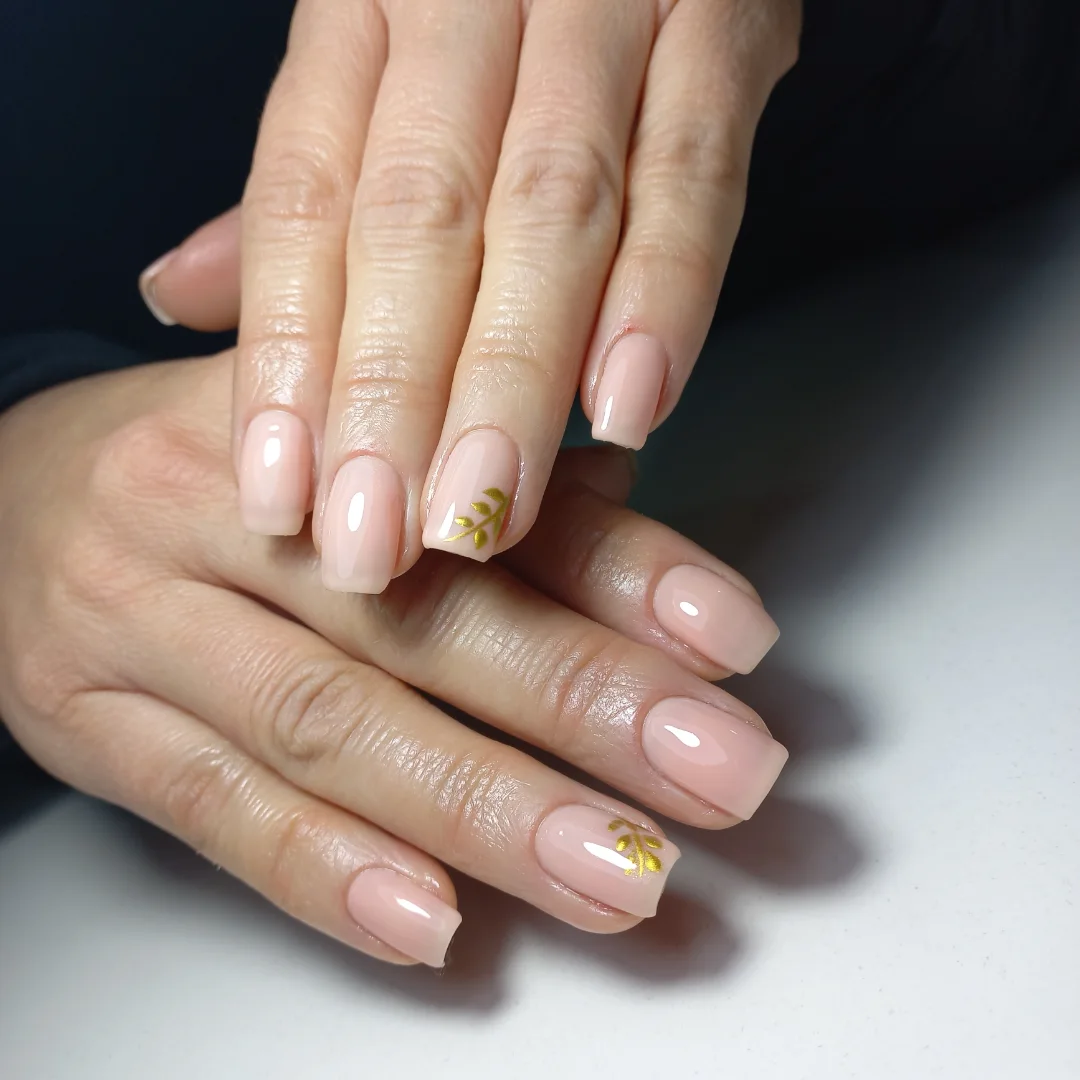 Blush Nude Square Nails with Gold Leaf Art