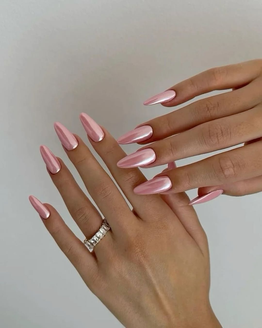 Blush Pink Pearlescent Long Almond Nails