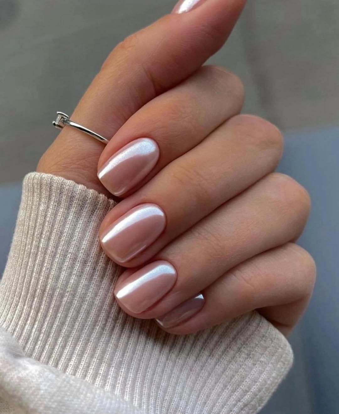 Blush Pink White Chrome Oval Nails