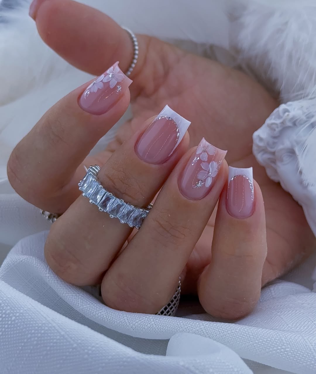 Blushing Floral French with Silver Glitter Accents