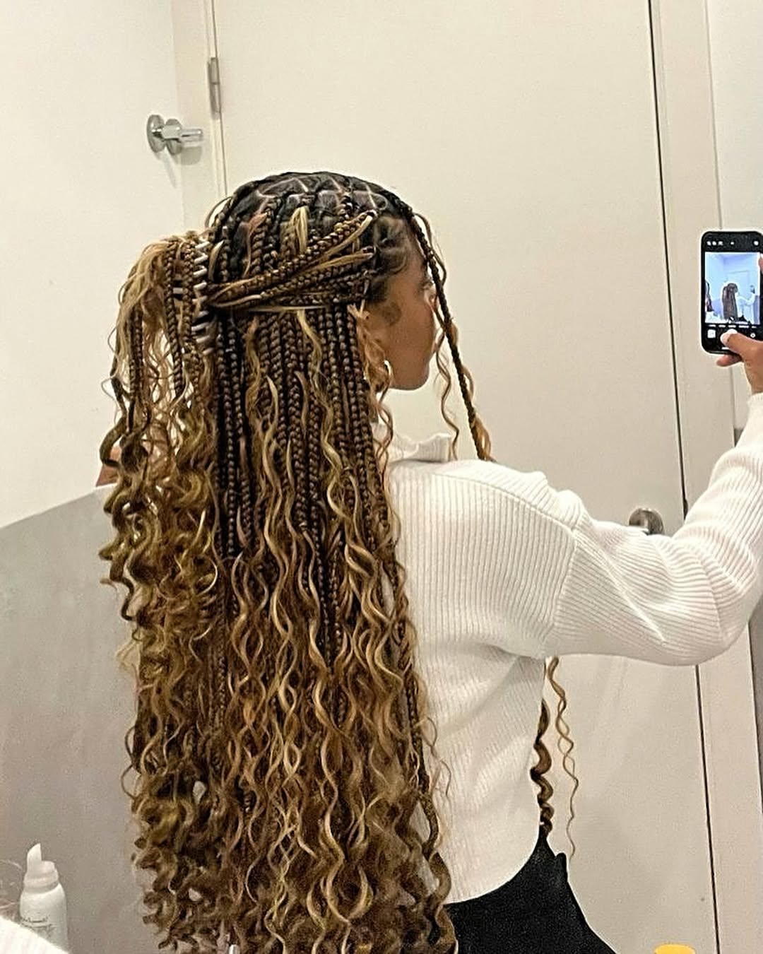 Bohemian Box Braids With Curly Ends Blonde Highlights