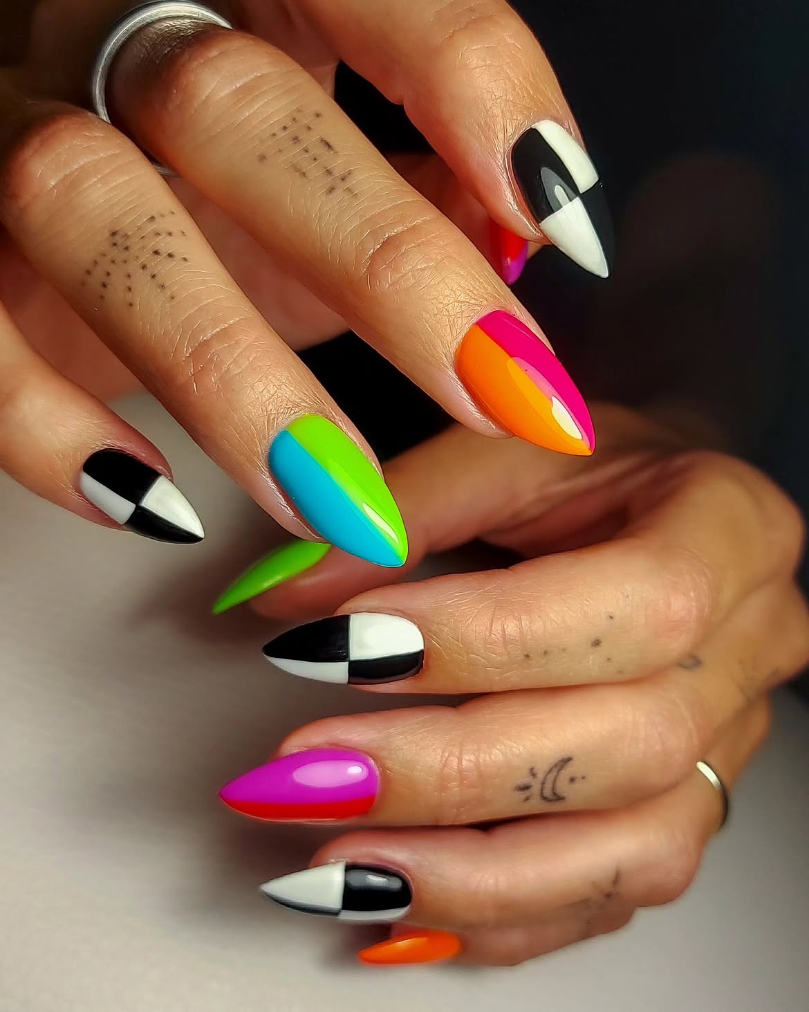 Bold Color Block Checkerboard Almond Nails