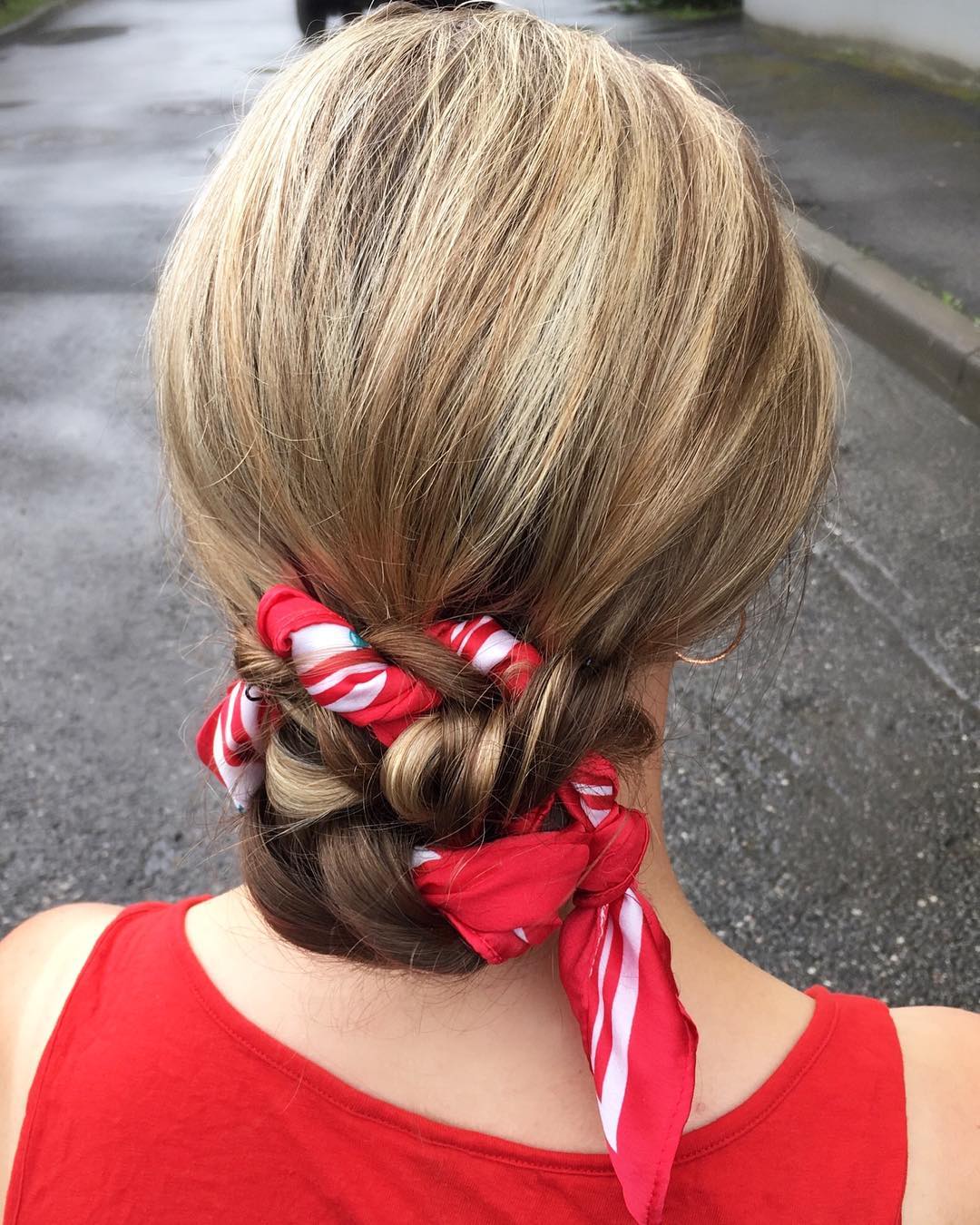 Braided Low Bun With Red Bandana Accent
