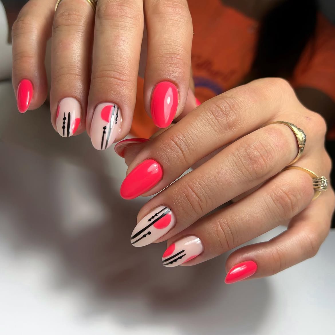 Bright Coral Abstract Geometric Almond Nails