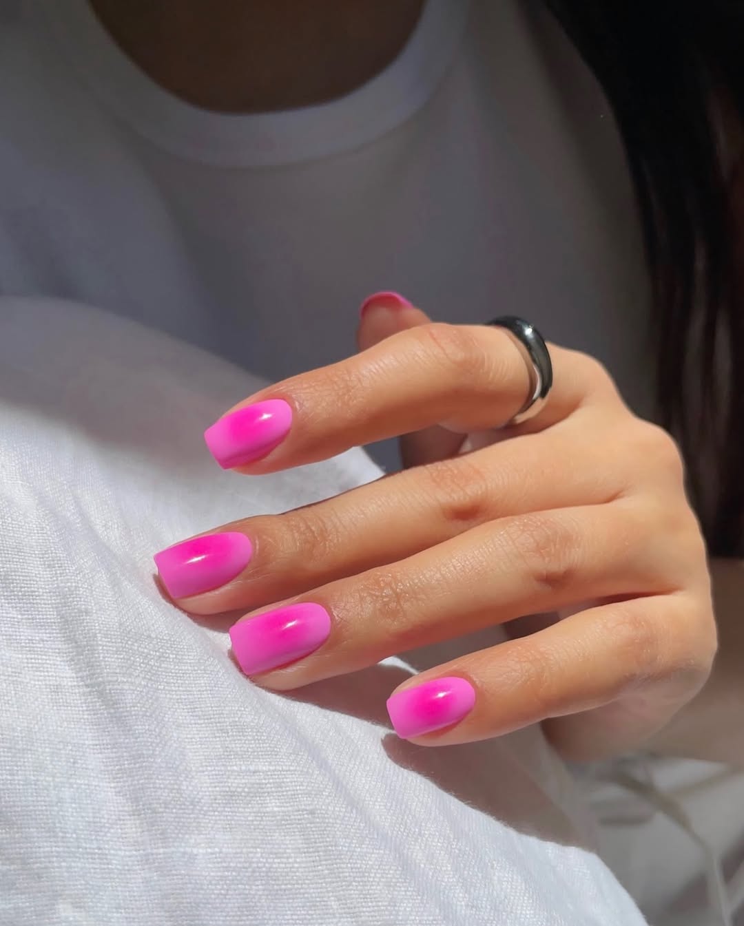 Bright Pink To White Ombre Short Squoval Nails