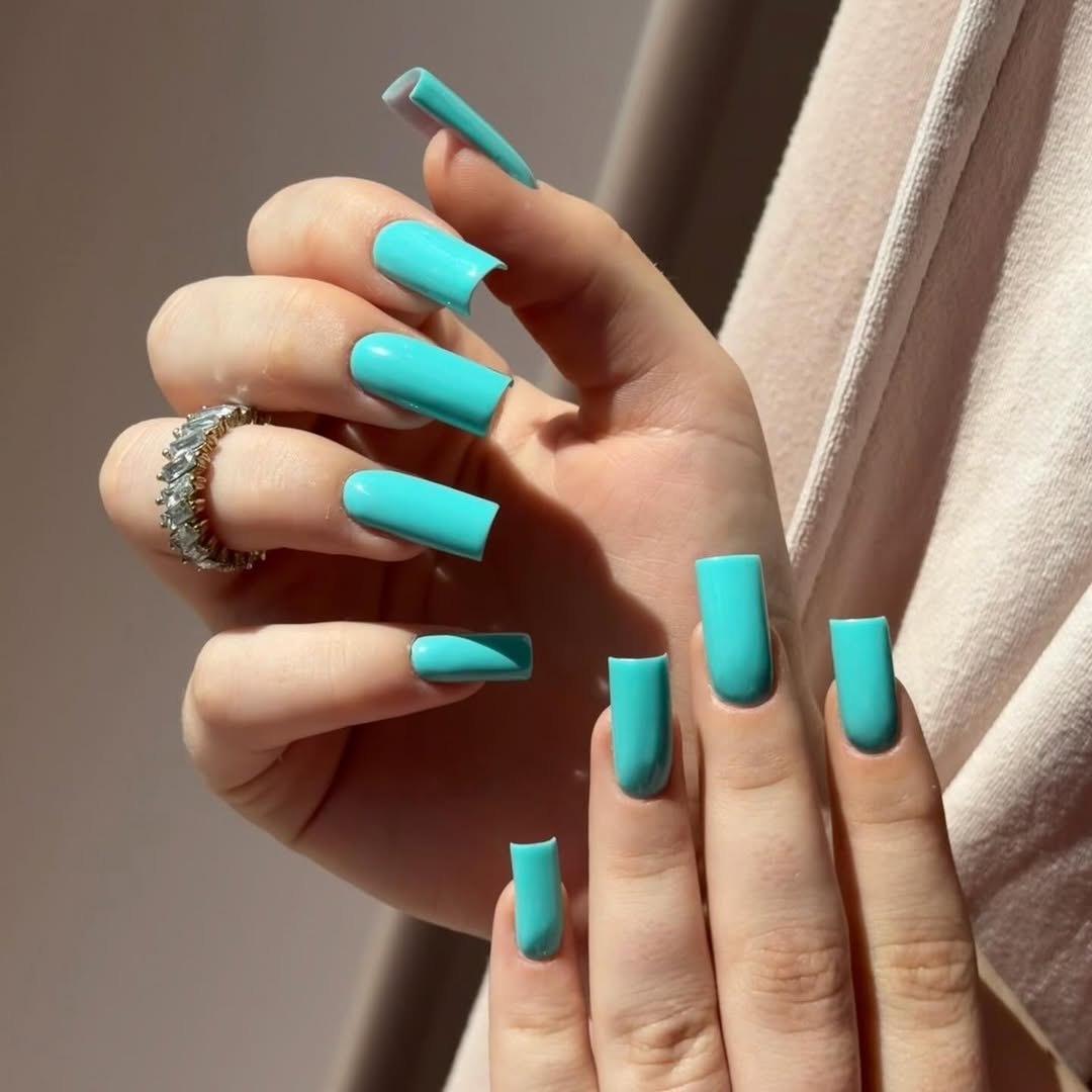 Bright Teal Glossy Square Long Nails