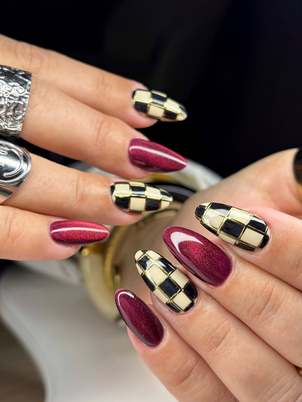 Burgundy Shimmer and Gold Trim Checkerboard Nails