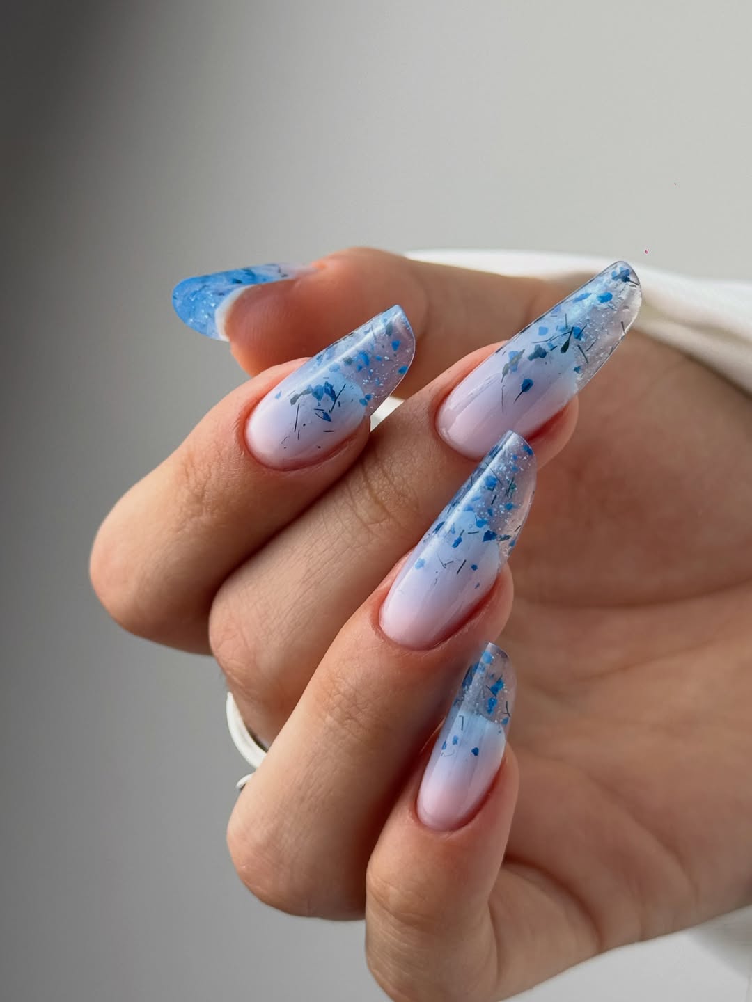 Celestial Blue Ombre Coffin Nails with Pressed Flowers