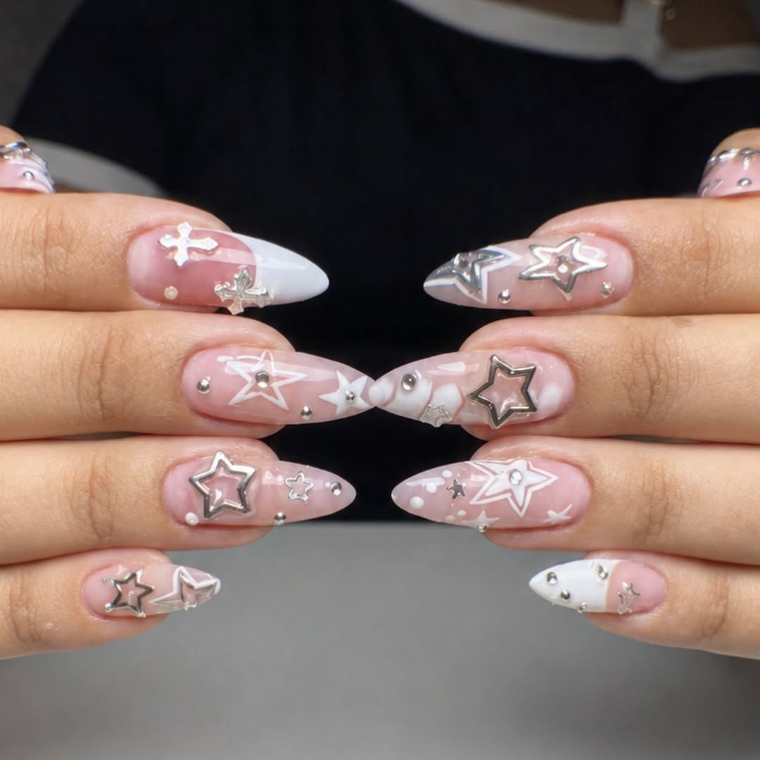 Celestial Star Dangle Charm Stiletto Nails