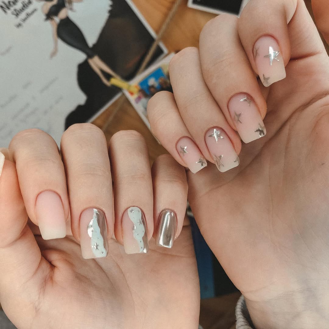 Champagne Nude Starry Night Square Nails