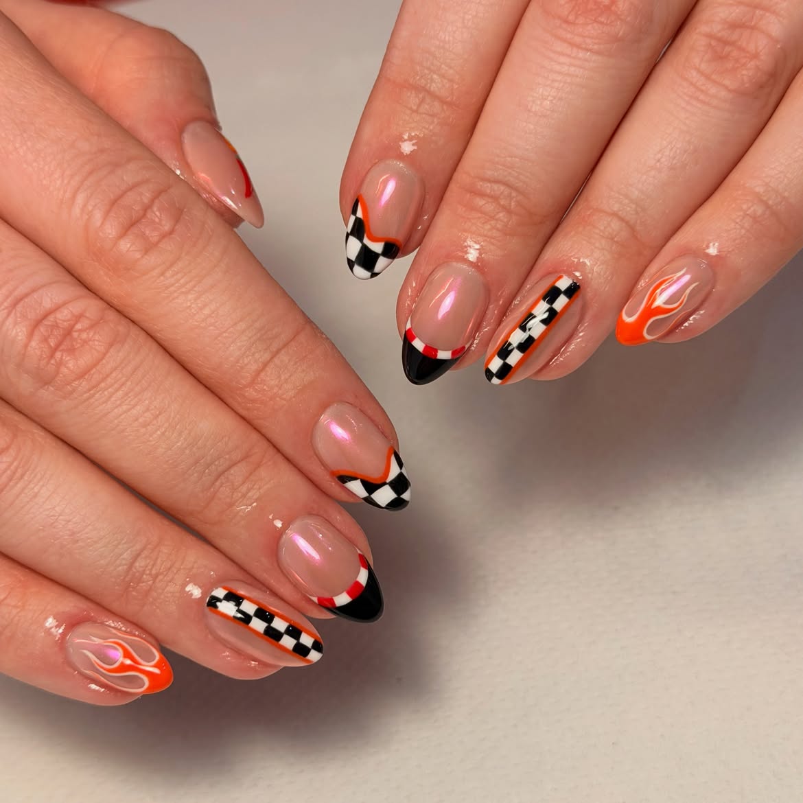 Checkerboard Flame French Tip Almond Nails