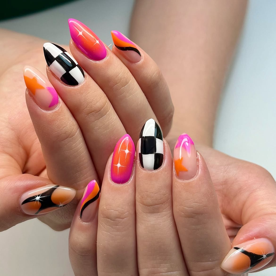 Checkerboard Ombre Starburst Stiletto Nails