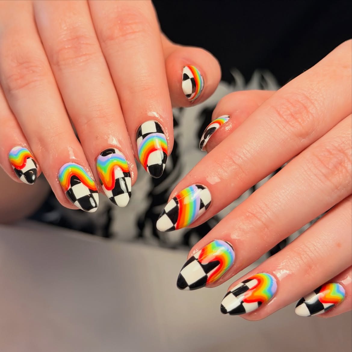 Checkerboard Rainbow Drip Almond Nails