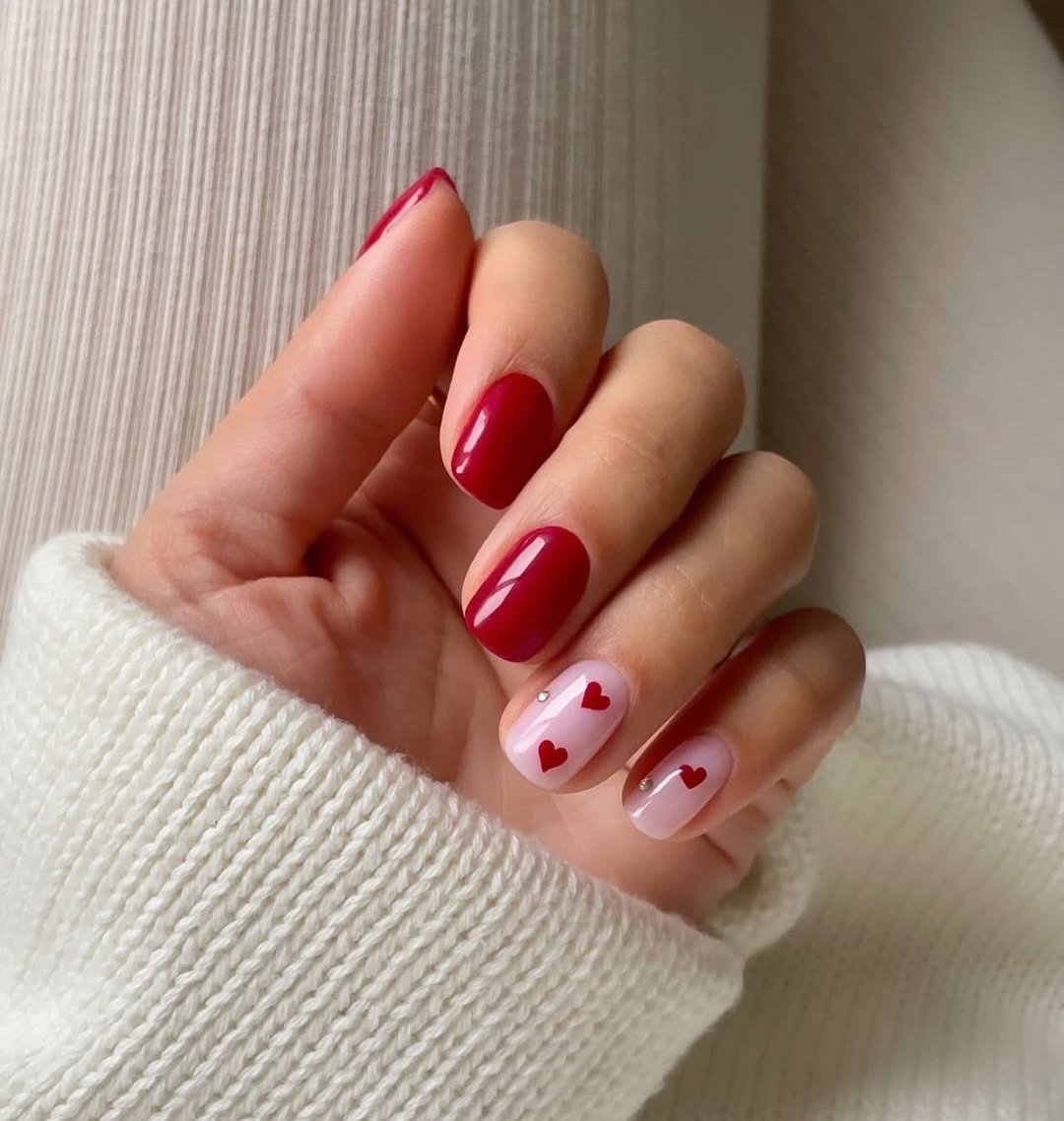 Cheery Red & Pink Heart Accent Nails
