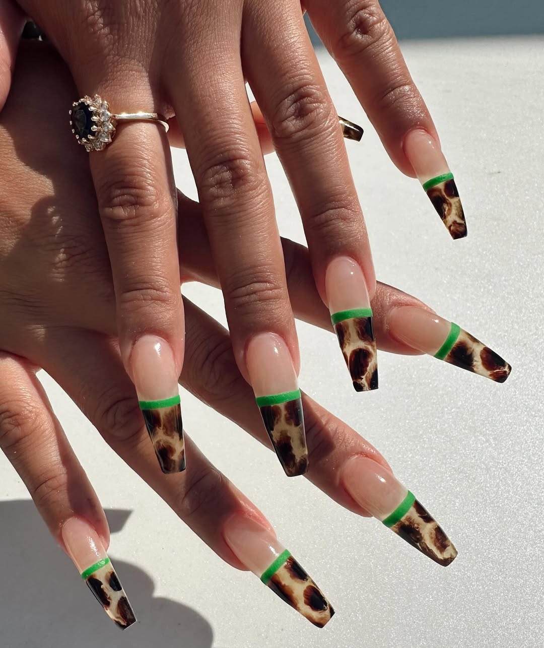 Cheetah Print French Tip Coffin Nails