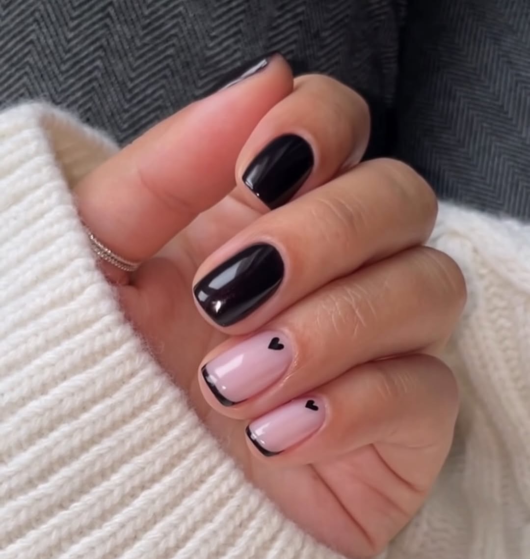 Chic Black French Tips with Tiny Heart Accents