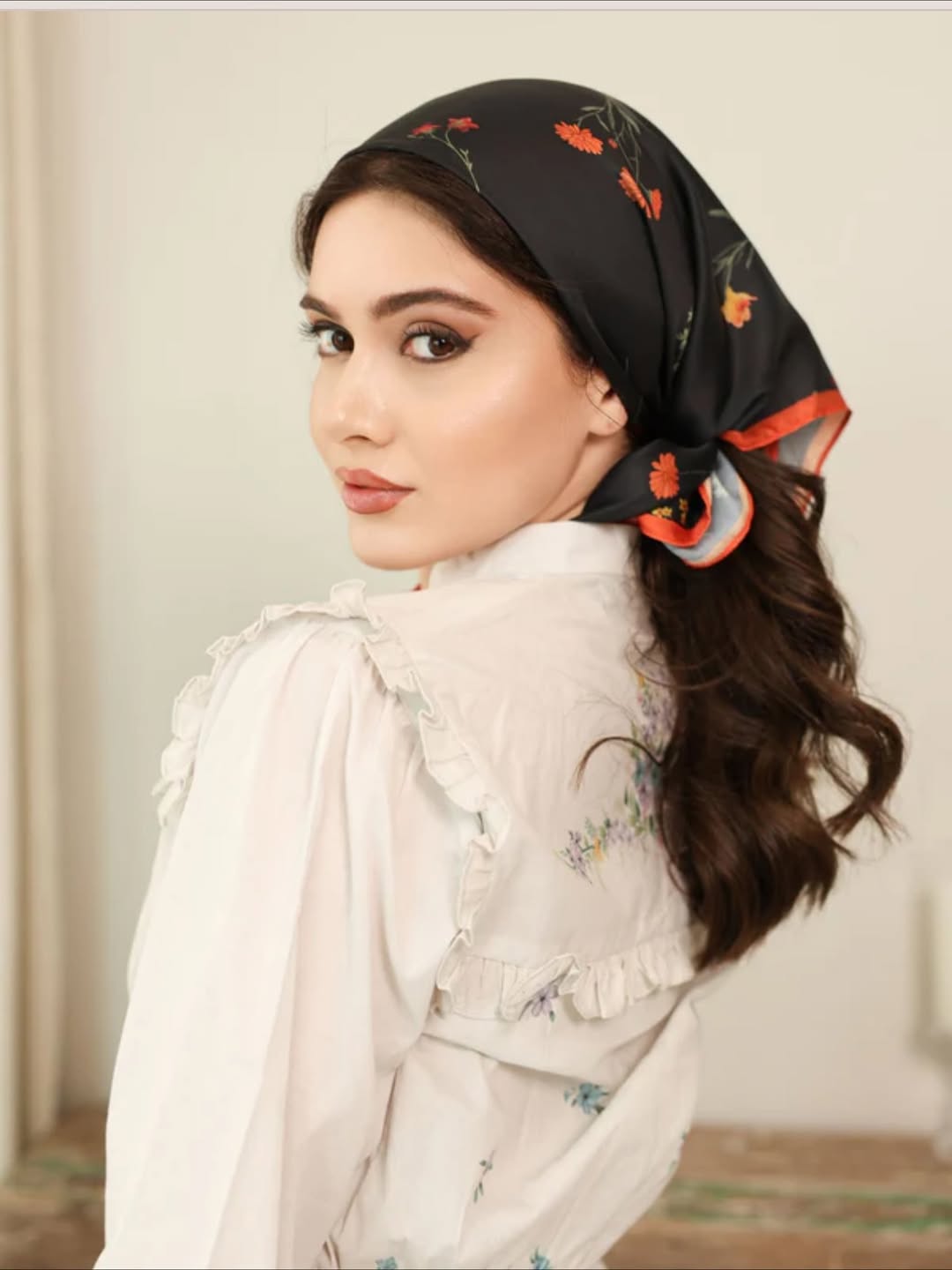 Chic Floral Scarf Tied Over White Ruffled Top