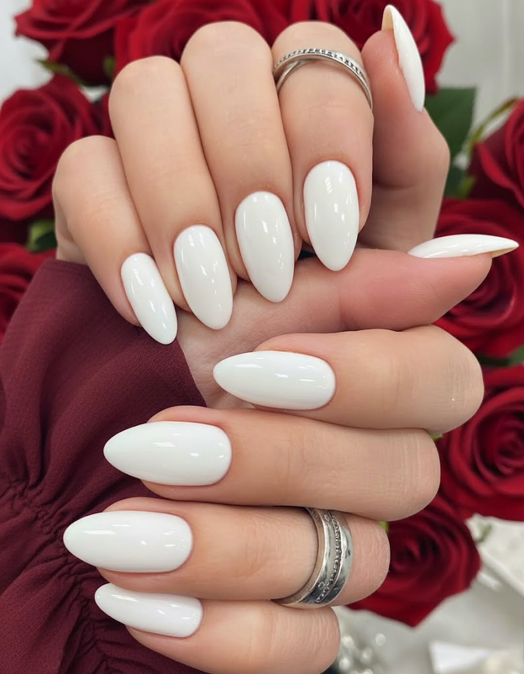 Chic Glossy White Almond Nails