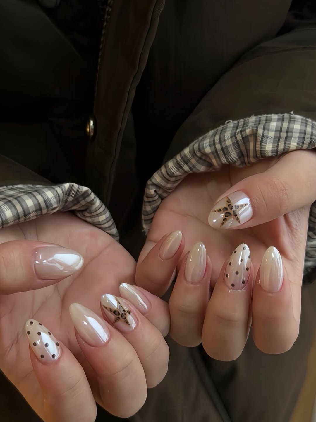 Chic Milky Leopard & Dot Almond Nails