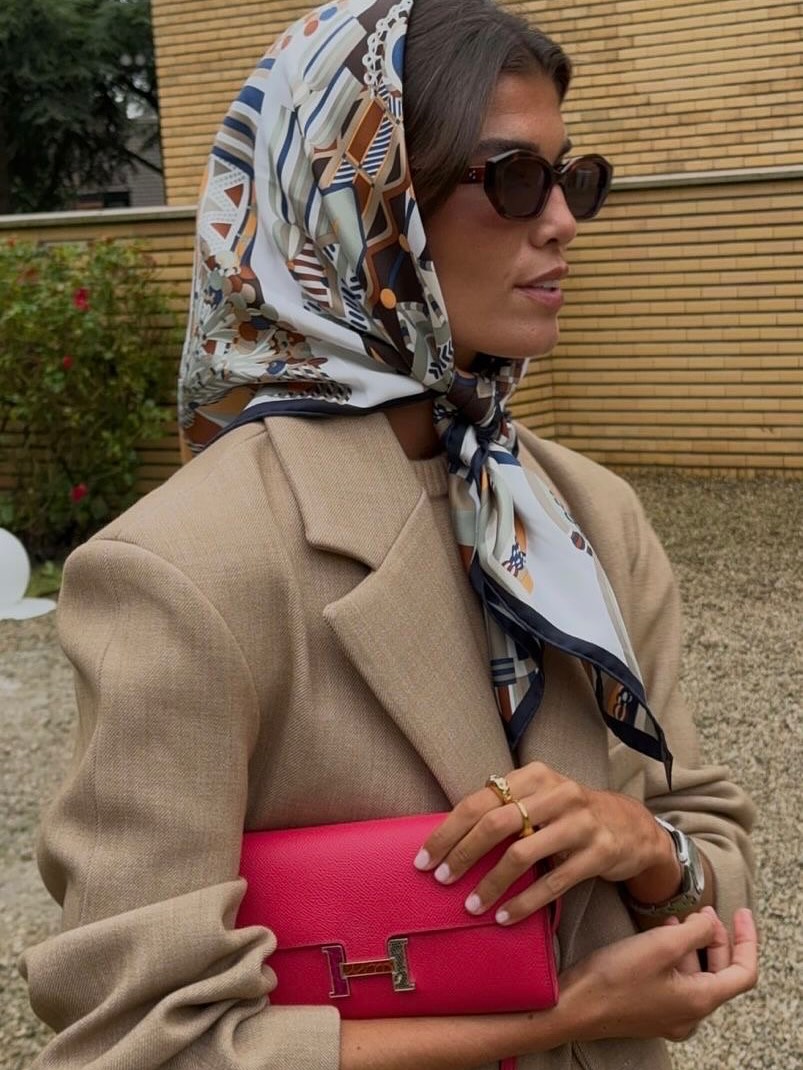 Chic Scarf-Tied Blazer With Bright Clutch