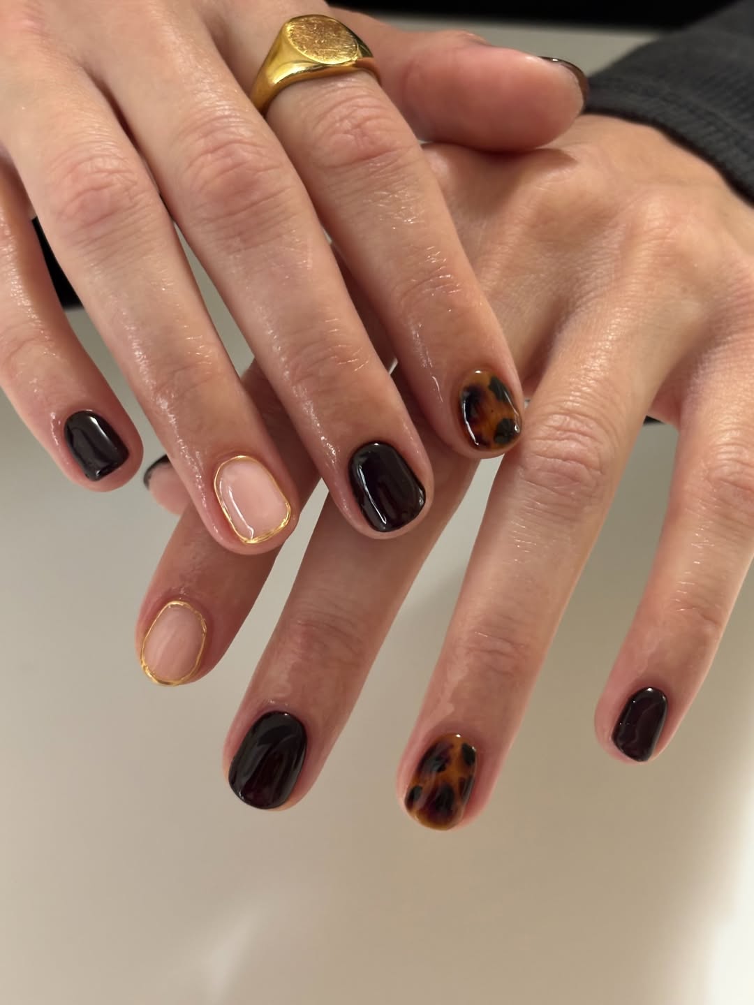 Chic Tortoiseshell and Gold Accent Nails