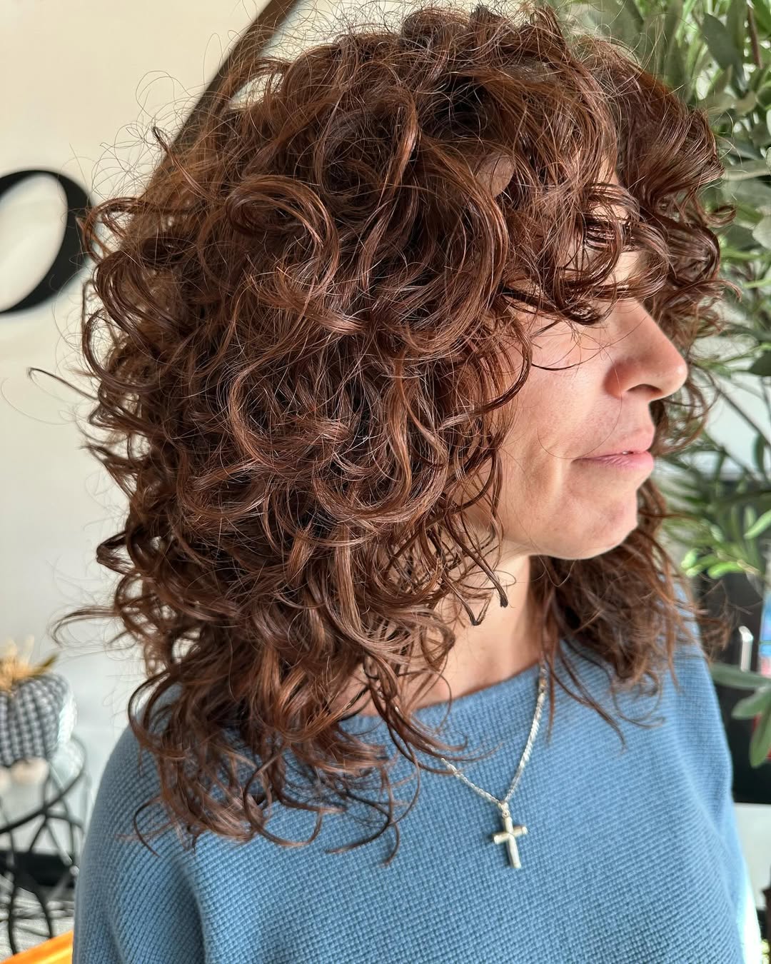 Chocolate Auburn Curly Collarbone Cut