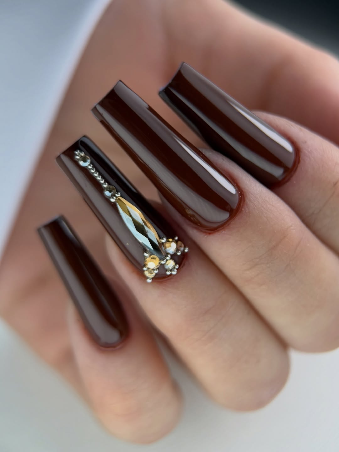 Chocolate Brown Glass Coffin Nails with Rhinestones