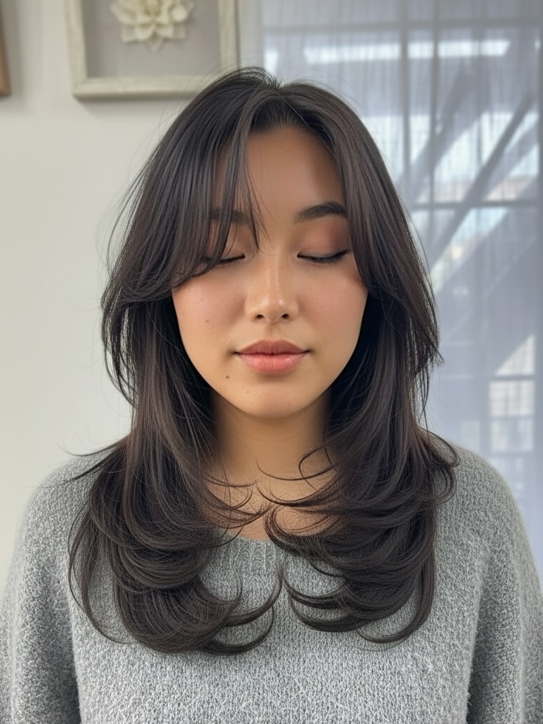 Chocolate Brown Layers With Face Framing Bangs