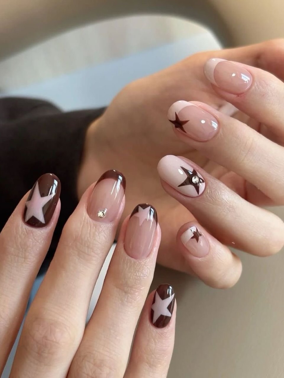 Chocolate Star French Oval Nails