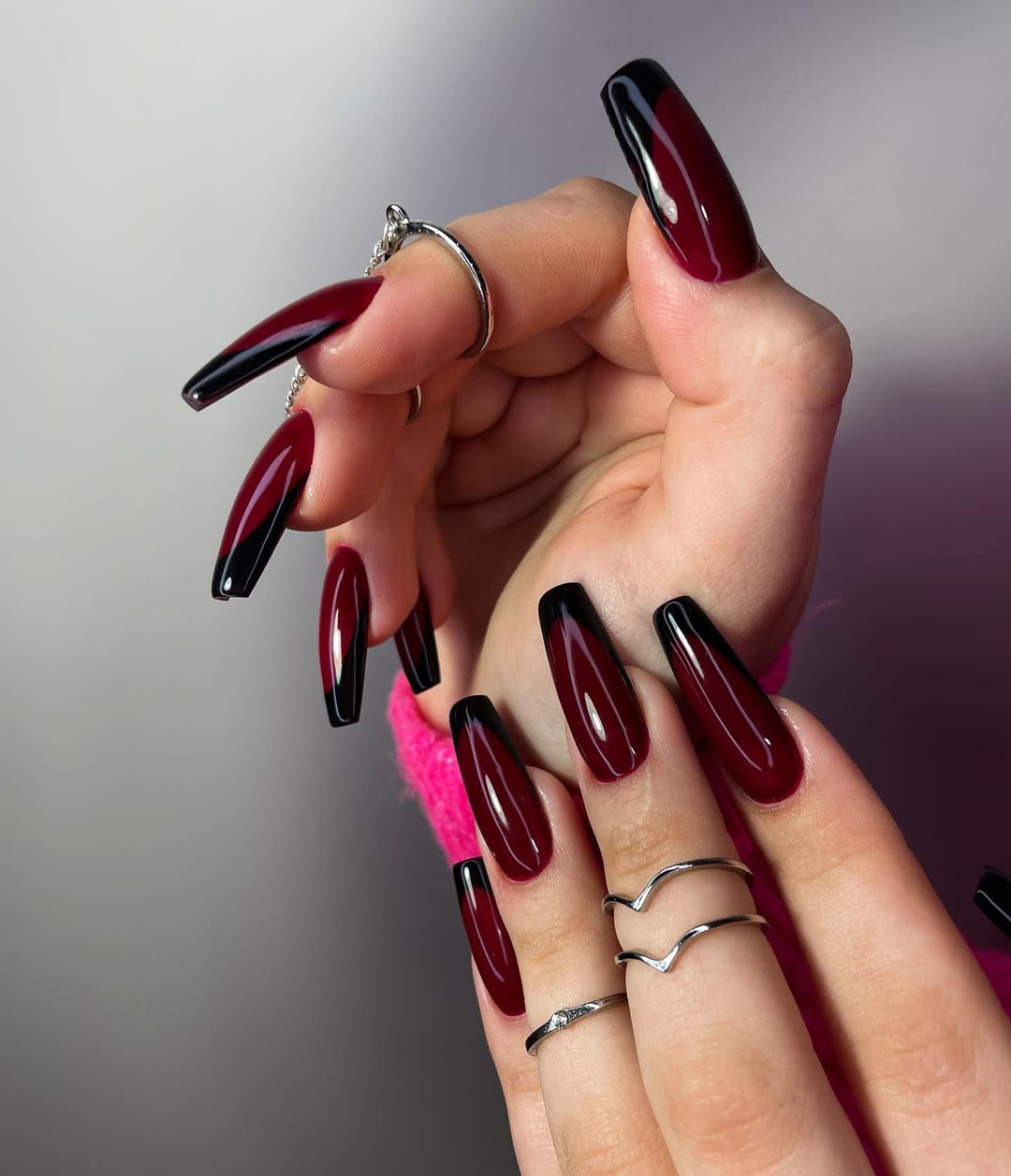 Classic Cherry Red Black French Ballerina Nails