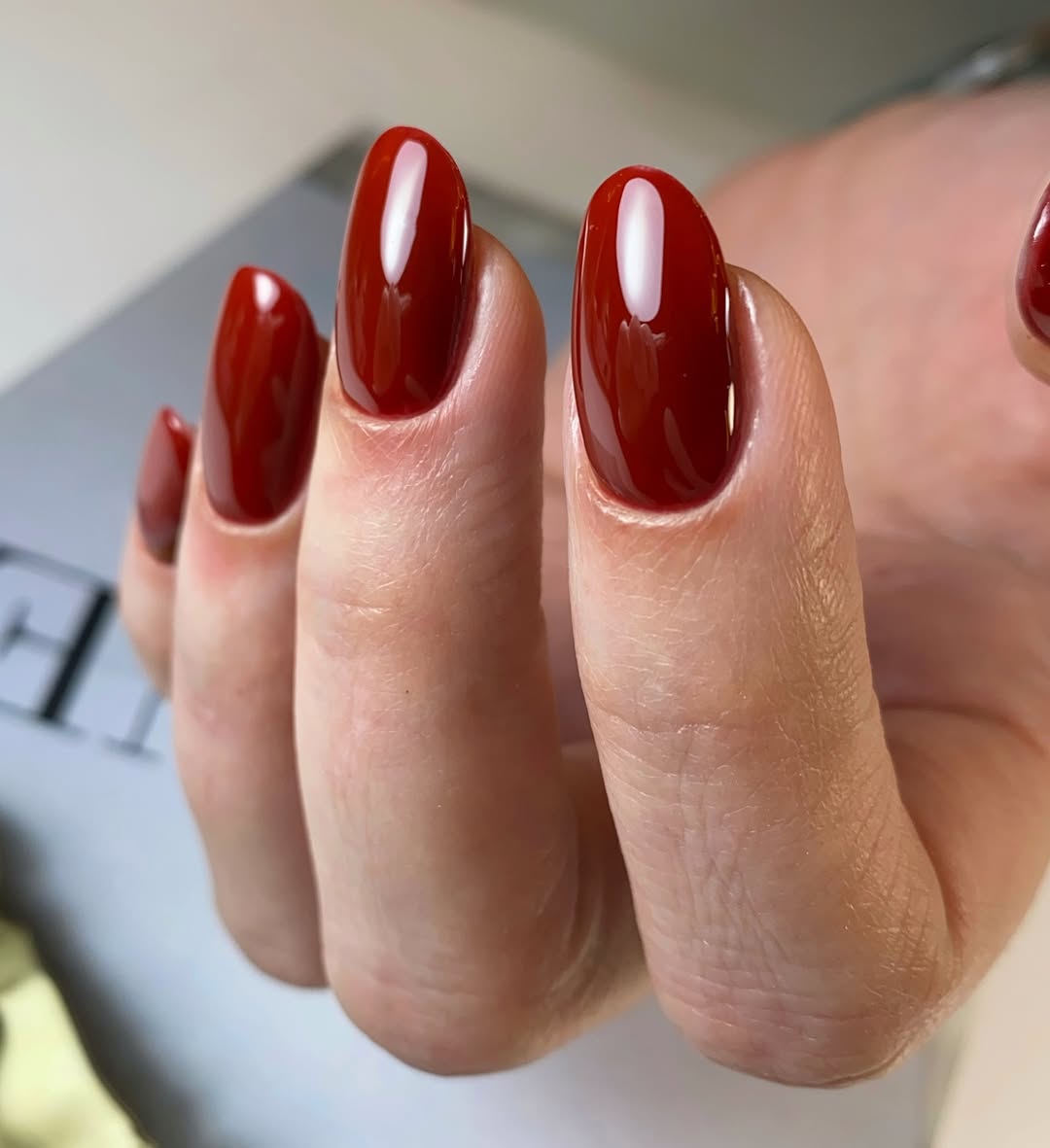 Classic Deep Red High Gloss Oval Nails
